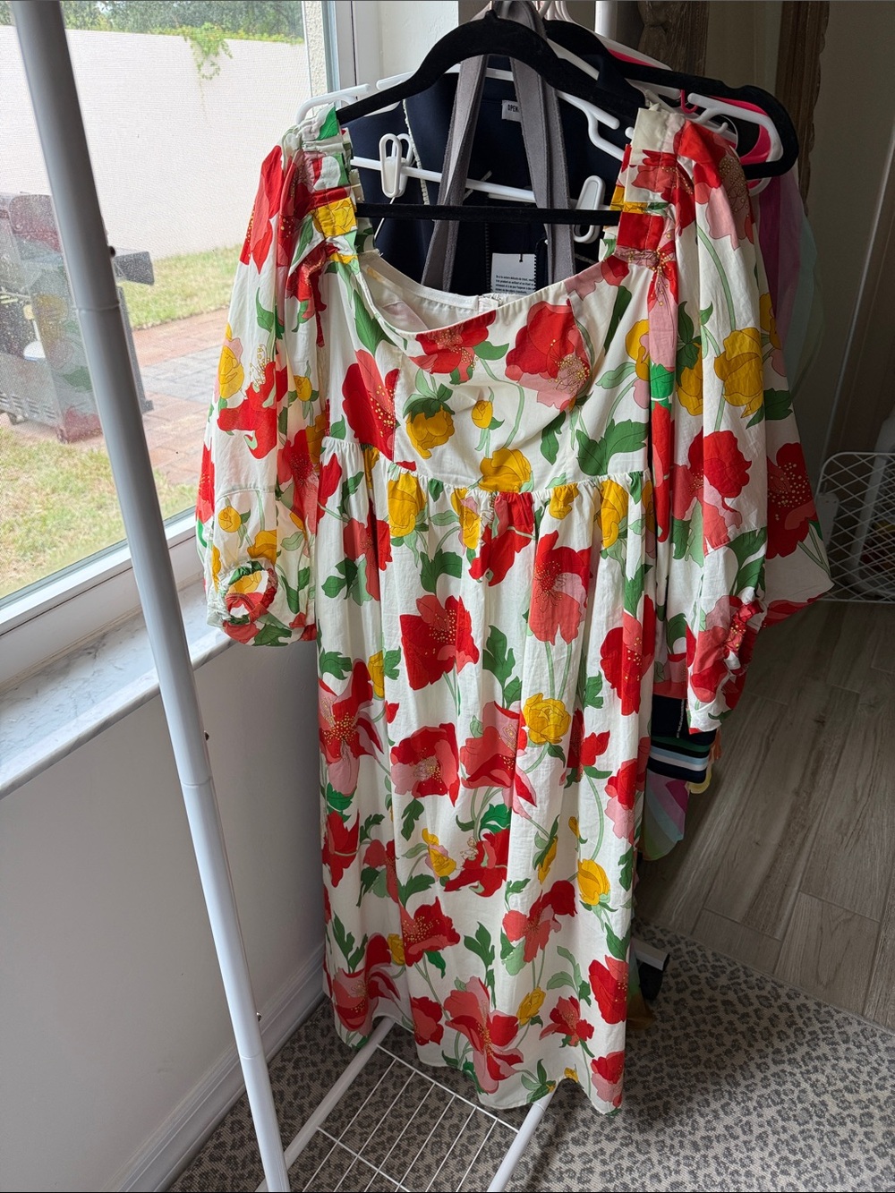Hyacinth House Floral Puff-Sleeve Dress in Red, Yellow & Green, maxi